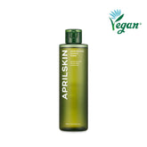 Green bottle of Aprilskin toner with 'Vegan' label on a white background