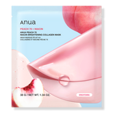 Anua Peach 70 + Niacin collagen mask packaging with peaches on a light blue background