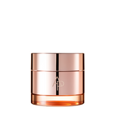 Rose gold cosmetic jar with a brand logo on a white background