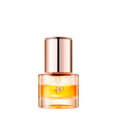 Perfume bottle with a copper cap and clear body on a white background