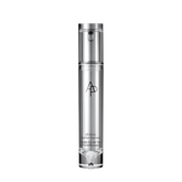 Skincare bottle with silver cap and black text on a white background