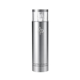 Silver skincare bottle with brand logo on a white background