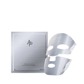 Sheet mask packaging with a silver mask on a white background