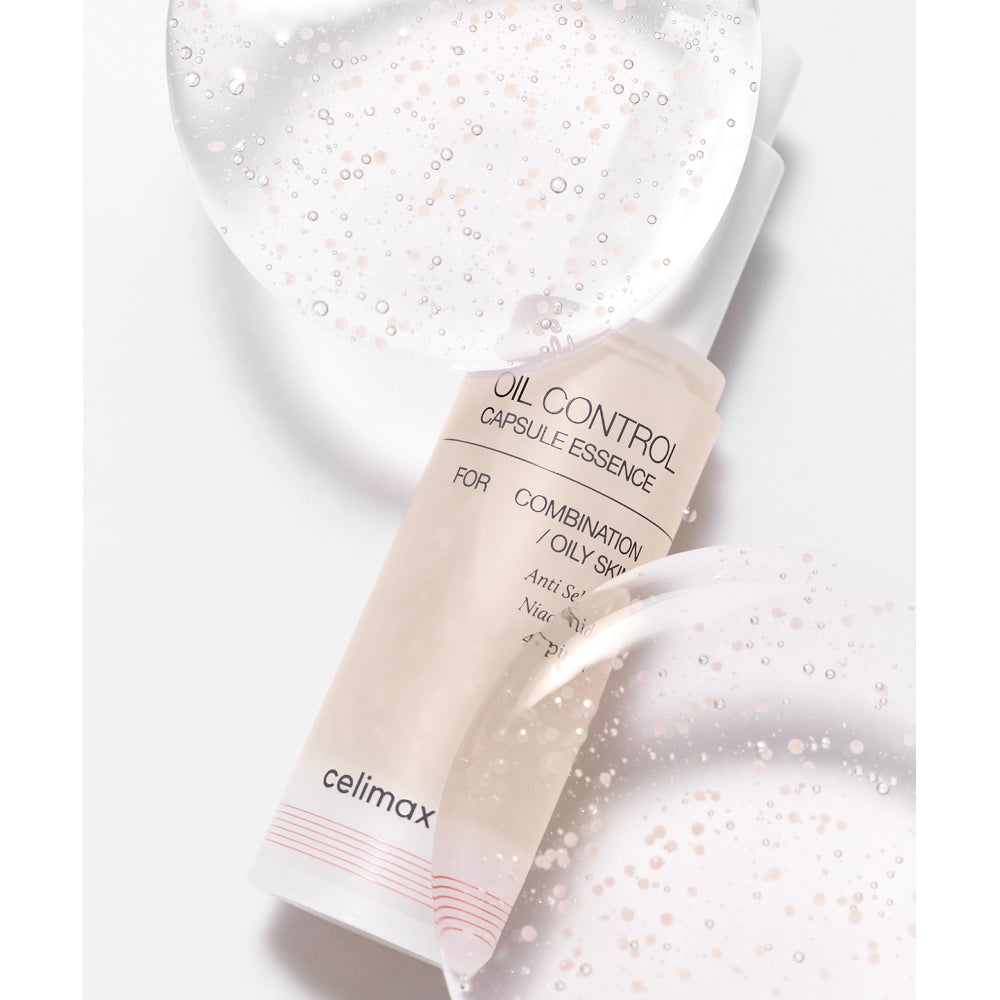 Celimax oil control capsule essence bottle on a white background