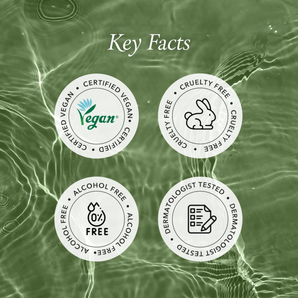 Certification icons for vegan, cruelty-free, alcohol-free, and dermatologist-tested products on a green background.