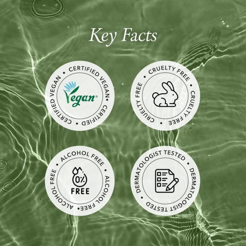Certification icons for vegan, cruelty-free, alcohol-free, and dermatologist-tested products on a green background.