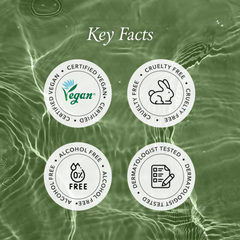 Certification icons for vegan, cruelty-free, alcohol-free, and dermatologist-tested products on a green background.