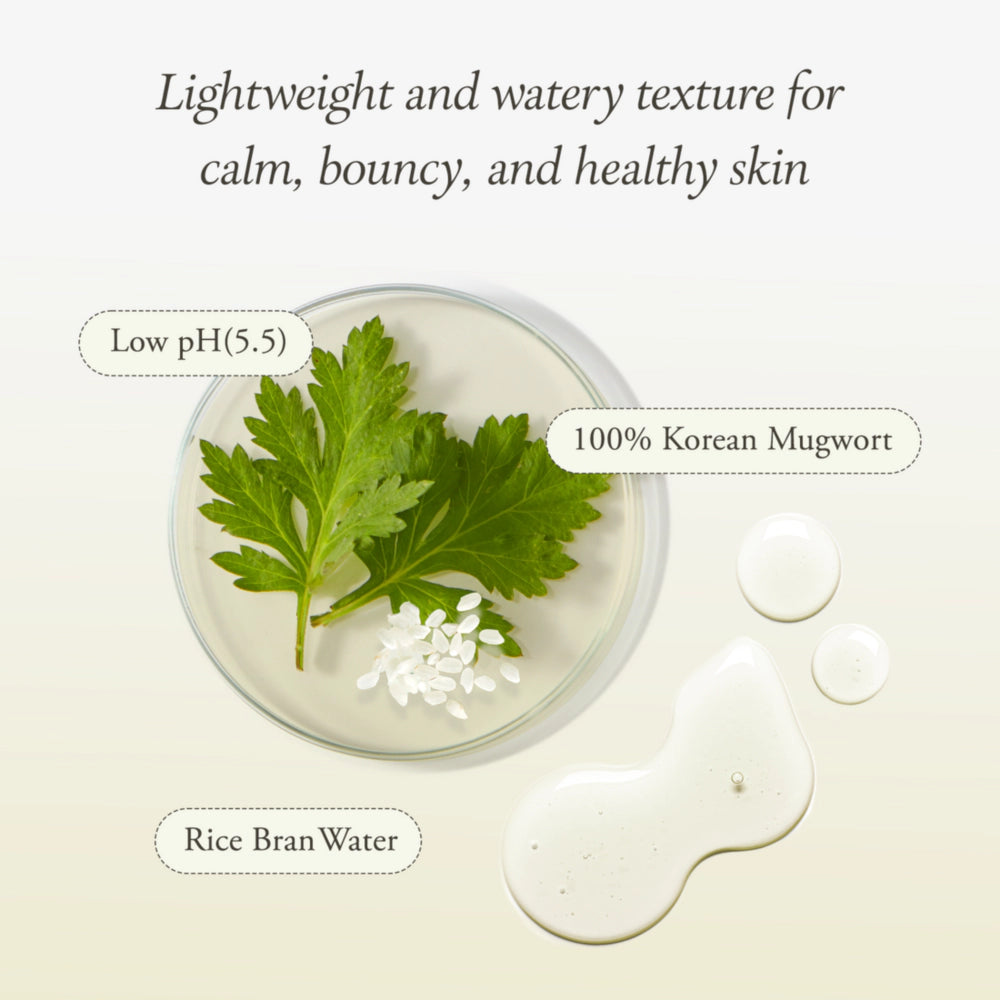 Product with Korean mugwort and rice bran water on a light background