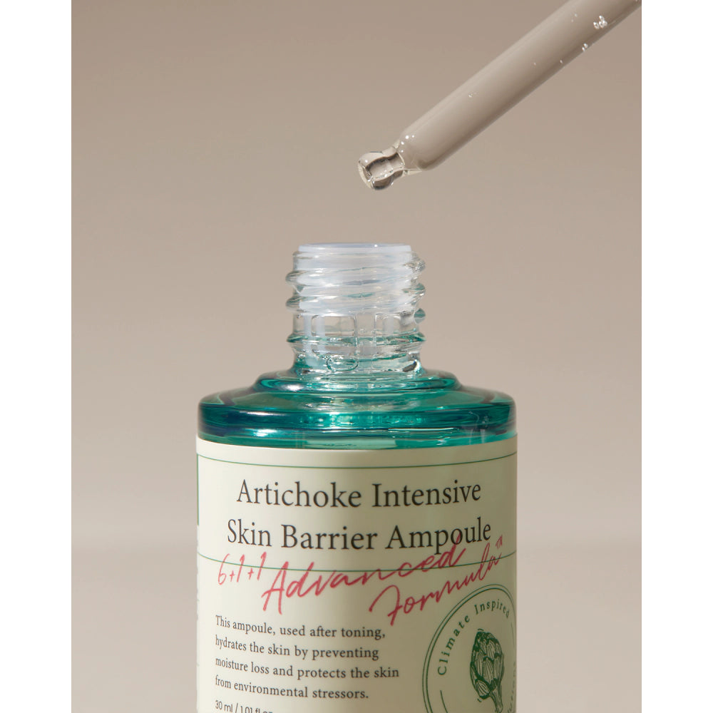 Artichoke Intensive Skin Barrier Ampoule bottle with dropper on beige background