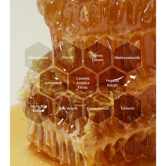 Honeycomb with honey and labeled ingredients on a white background