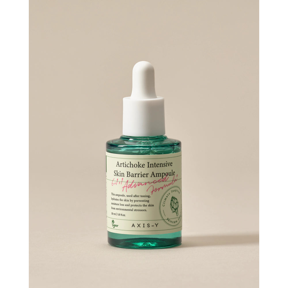 Bottle of Artichoke Intensive Skin Barrier Ampoule with AXIS-Y branding on a beige background