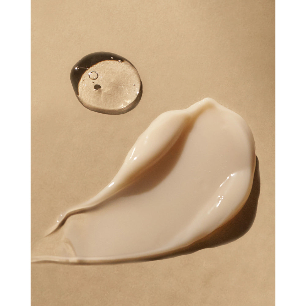 Beige cream swatch and droplet on a beige background