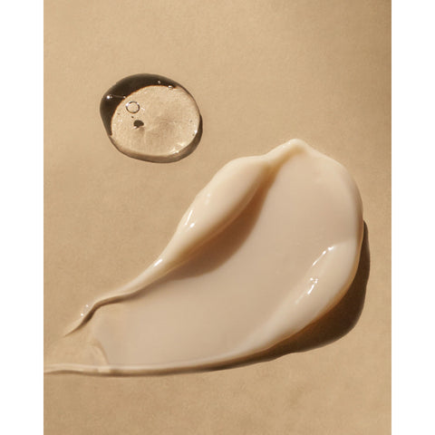 Beige cream swatch and droplet on a beige background