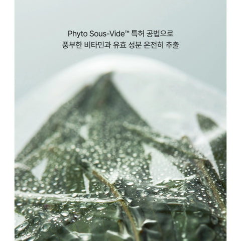 Close-up of a green leaf with water droplets on a light gray background, featuring text about Phyto Sous-Vide technology.