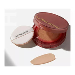 AprilSkin makeup compact with a swatch of beige color on a white background