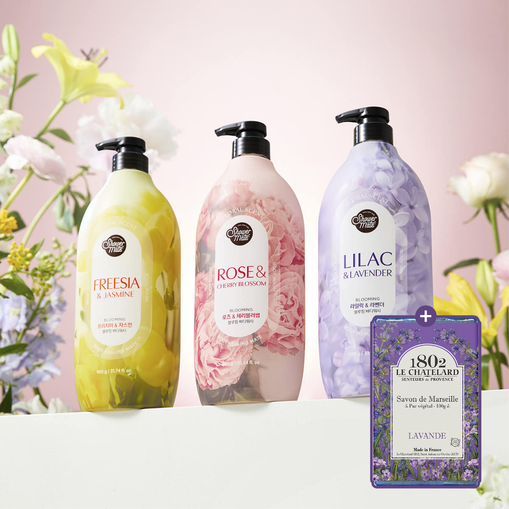 Shower Mate Blooming Body Wash 900g x3 Rose & Cherry Blossom + Lavender Soap 100g