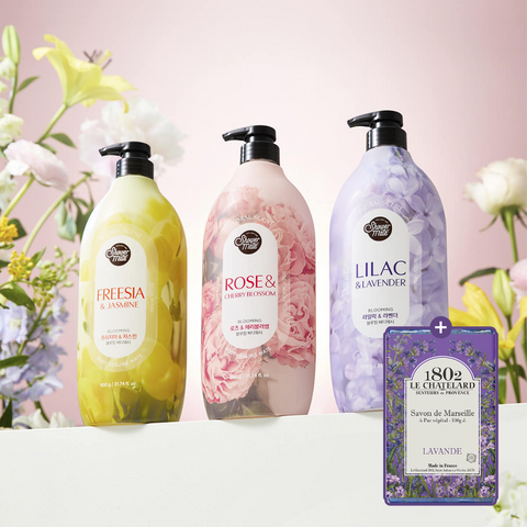 Shower Mate Blooming Body Wash 900g x3 Rose & Cherry Blossom + Lavender Soap 100g