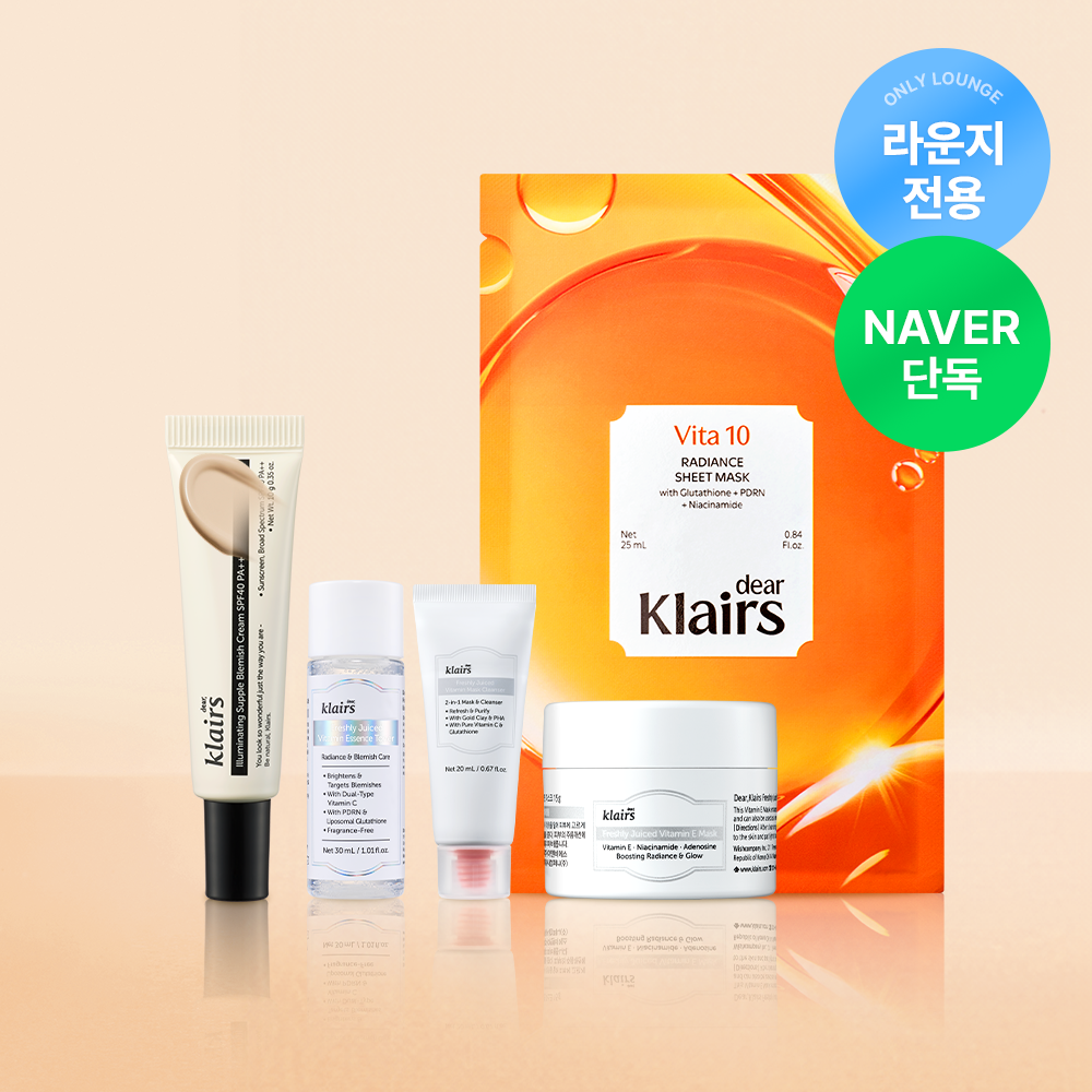 Dear Klairs Glass-Skin Vitamin Starter Set (Pack Cleanser 20ml, Blemish Toner 30ml, Vitamin E Mask 15g, Revitalizing Sheet Mask 1pc, BB Cream 10g)