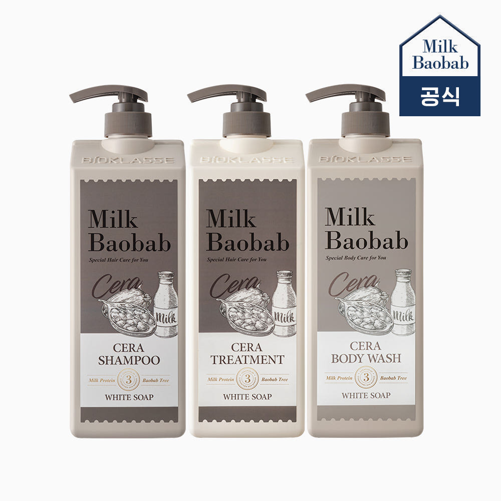 Milk Baobab Cera Shampoo + Treatment + Body Wash (White Soap), 1.2L, 3-Pack