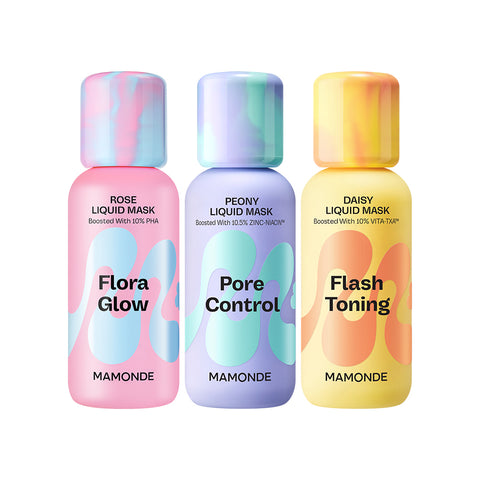 Mamonde Liquid Mask 3-Piece Set - Flora Glow Rose 80ml + Pore Control Peony 80ml + Flash Toning Daisy 80ml