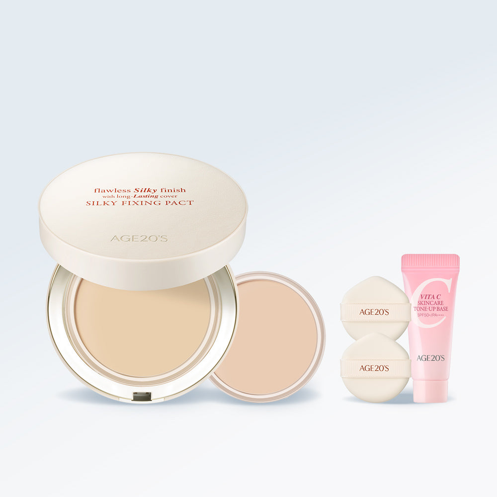 AGE20'S Silky Fixing Pact 14g (Full Size + Refill, 2 Puffs & 6ml Tone-Up Base)