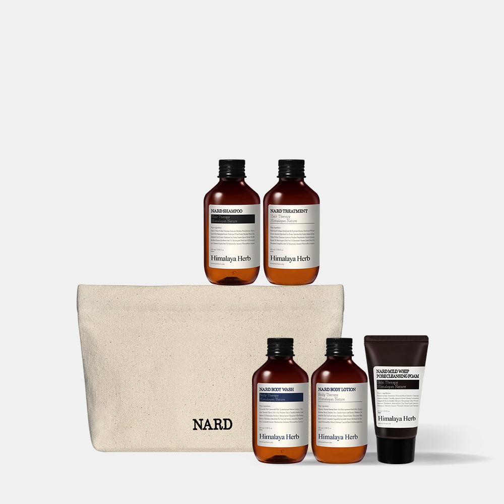 Nard Travel Toiletry 5-Piece Amenity Set Travel Kit (Shampoo, Body Wash, Rinse, Foam Cleanser, Travel Pouch)