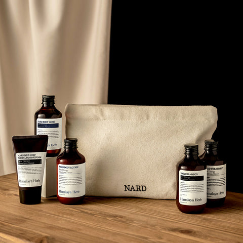 Nard Travel Toiletry 5-Piece Amenity Set Travel Kit (Shampoo, Body Wash, Rinse, Foam Cleanser, Travel Pouch)