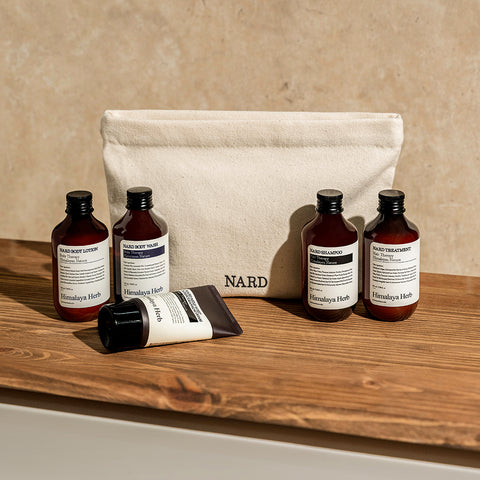 Nard Travel Toiletry 5-Piece Amenity Set Travel Kit (Shampoo, Body Wash, Rinse, Foam Cleanser, Travel Pouch)