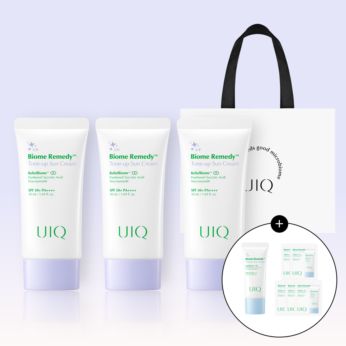 UIQ Biome Remedy Tone-Up Sun Cream (Purple) Gift Set - 50ml x 3 + Mini Hydrating Sun Cream (with Gift Bag)