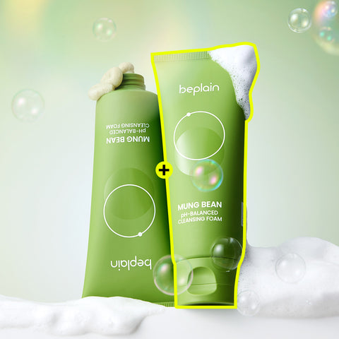 Beplain Mung Bean Mild Acid Cleansing Foam 100ml (2-Pack) + Mung Bean Cleansing Oil 300ml