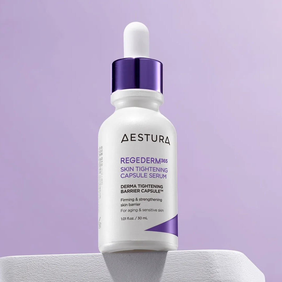 Aestura Regederma serum bottle on a light purple background