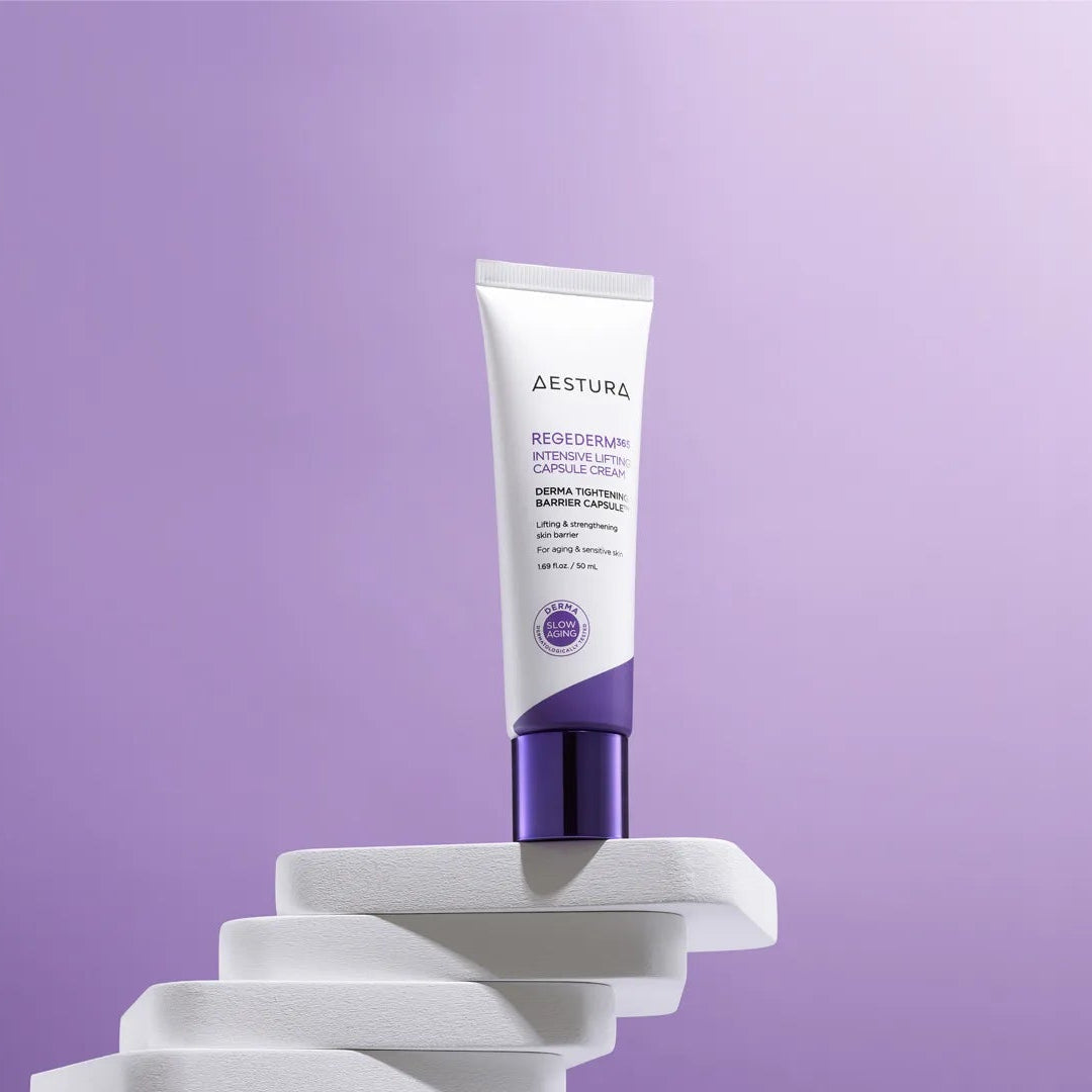 Tube of Neutrogena cream on a white stand against a purple background