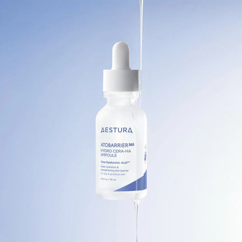 Bestura skincare dropper bottle on a light blue background