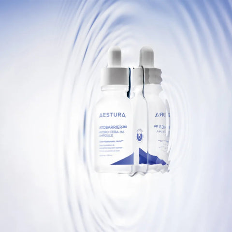 Two skincare bottles with a blue and white gradient background