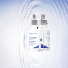 Two skincare bottles with a blue and white gradient background