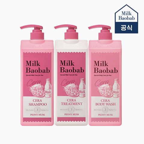 Milk Baobab Cera Shampoo + Treatment + Body Wash, Peony Musk, 1.2L x 3