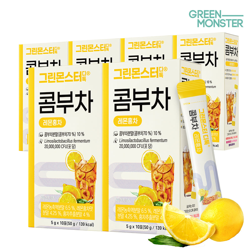 Green Monster Detox Kombucha Lemon Black Tea 2 Billion Probiotics 6 Boxes (60 Sticks)