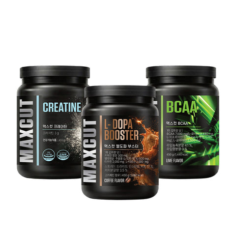 HealthHelper Maxcut 3-Piece Supplement Set Creatine BCAA and L-DOPA Booster (100-Day Supply)
