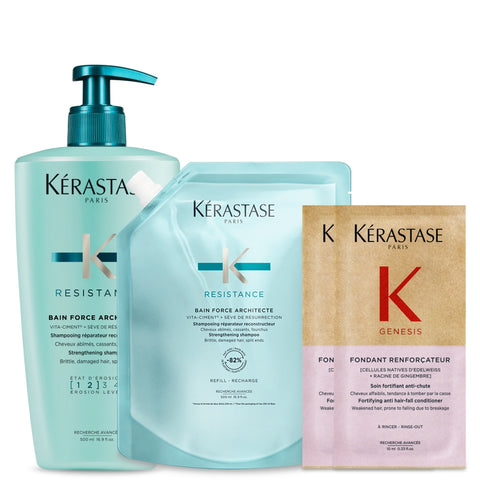Kerastase Bain Force Architecte Shampoo 1L (500ml + 500ml Refill) + Genesis Conditioner 10ml x2