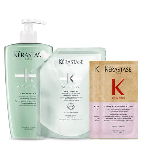 Kerastase Specifique Bain Divalent Deep Cleansing Shampoo 1L (500ml + 500ml Refill) + Genesis Conditioner 10ml x2