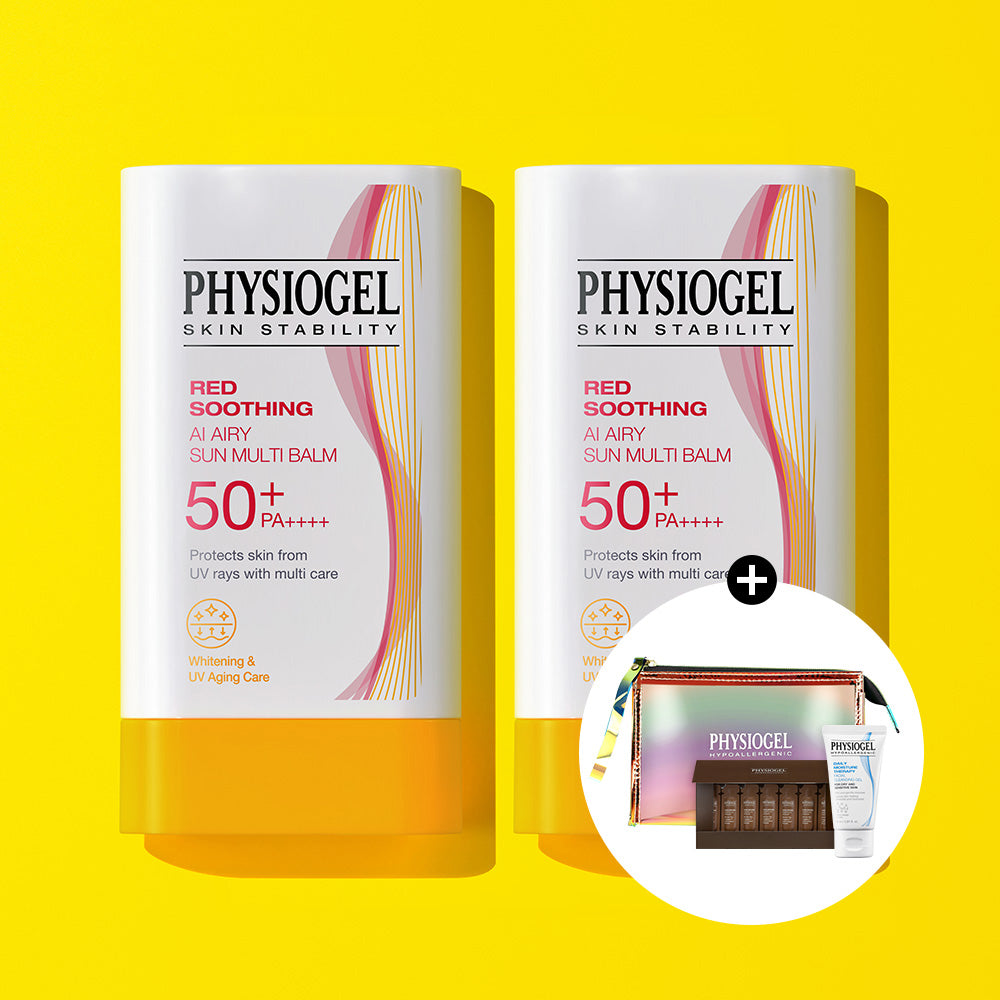 Physiogel Red Soothing AI Sun Stick Multi-Balm 17g x2 Set + Free DMT Cleansing Gel 30ml + Daily-Mune Ampoule 7-Pack Kit + Hologram Pouch