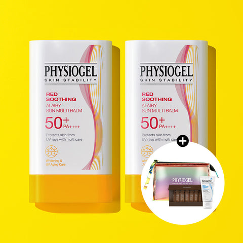 Physiogel Red Soothing AI Sun Stick Multi-Balm 17g x2 Set + Free DMT Cleansing Gel 30ml + Daily-Mune Ampoule 7-Pack Kit + Hologram Pouch