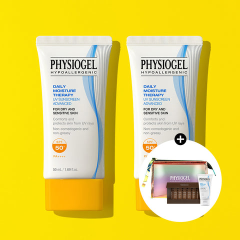 Physiogel Daily Moisture Therapy UV Sunscreen Advanced 50ml (2 Pack) + Free DMT Cleansing Gel 30ml + Daily-Mune Ampoule 7pc Kit + Hologram Pouch