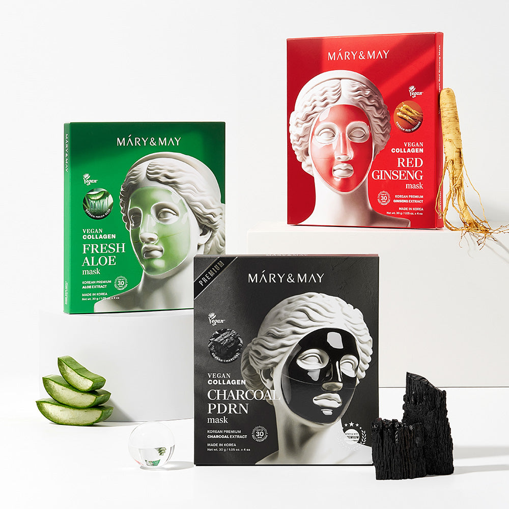 Mary&May Vegan Collagen Gel Mask 4pcs - 3 Types (Fresh Aloe / Red Ginseng / Charcoal PDRN)