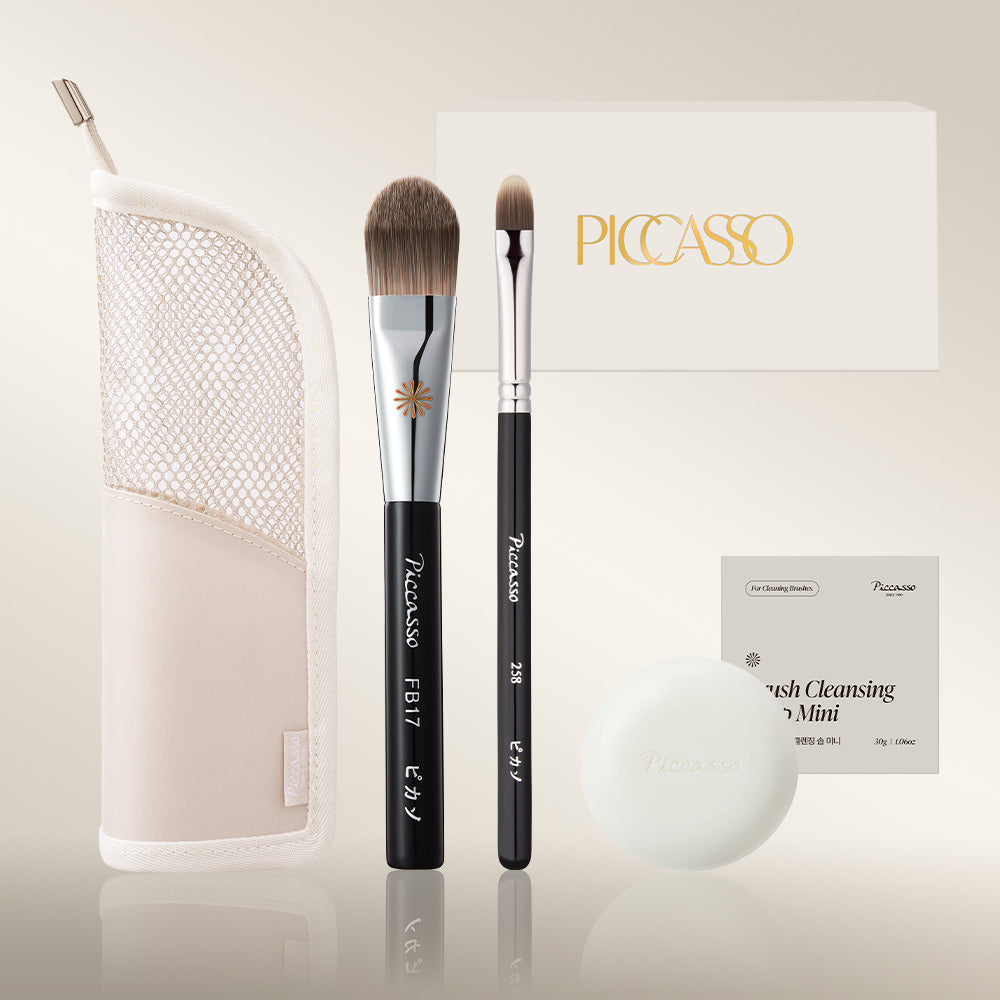 Picasso Glow Base Brush 2-Piece Set (FB17 + 258) with Mesh Standing Pouch & Mini Soap