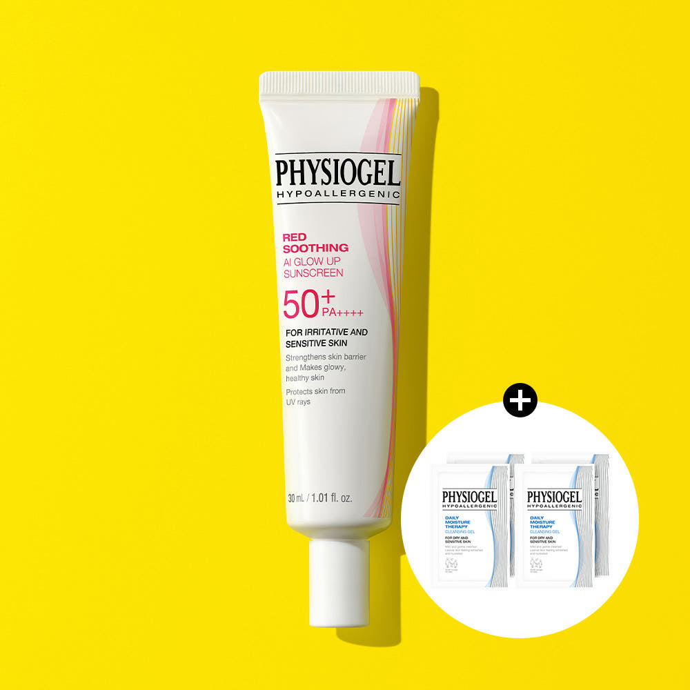 Physiogel Red Soothing AI Glow-Up Sunscreen 30ml SPF 50+ PA++++ + DMT Cleansing Gel 5ml x4 (Set)