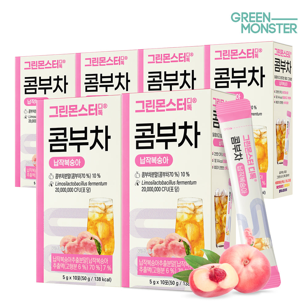 Green Monster Detox Kombucha Flat Peach Vegan Probiotics 2 Billion 6 Boxes (60 Sticks) German Organic Kombucha