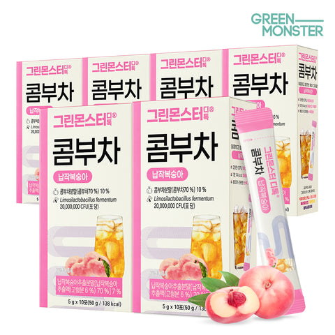 Green Monster Detox Kombucha Flat Peach Vegan Probiotics 2 Billion 6 Boxes (60 Sticks) German Organic Kombucha