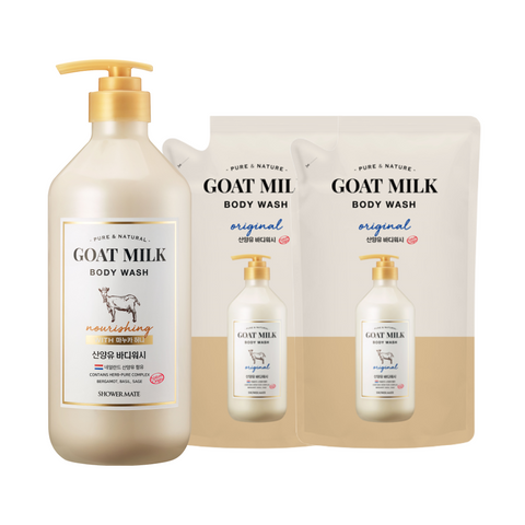 Shower Mate Goat Milk Body Wash Original 800ml Bottle + 700ml Refill x2 + Donkey Milk Soap 100g
