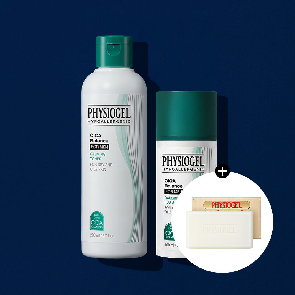 Physiogel CicaBalance For Men Calming Toner 200ml + All-in-One Fluid Lotion 100ml (Free DMT Acne Cleansing Bar)